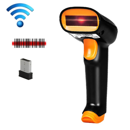 Wireless 2D barcode scanner with black handle and orange trigger; red scan beam visible.