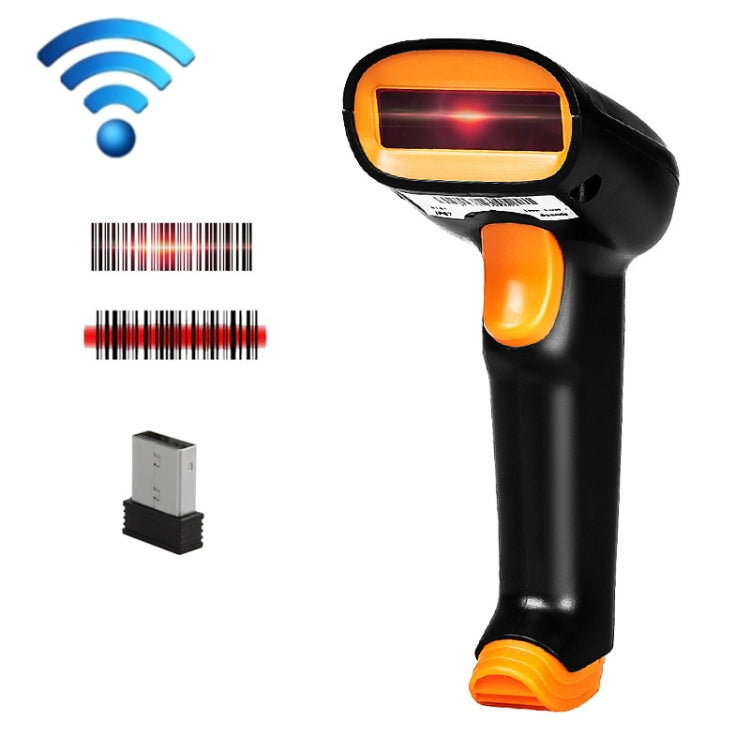 Wireless 2D barcode scanner with red scan beam; black body with orange trigger and base.