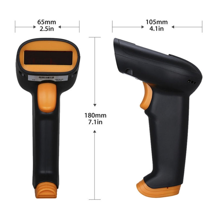 Wireless 2D barcode scanner size diagram: black-and-orange handheld scanner dimensions shown.