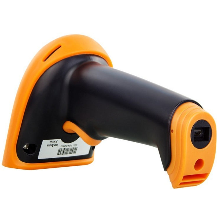 Wireless 2D barcode scanner close-up, black body with orange top and side ports.