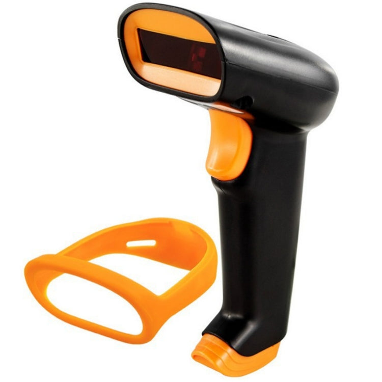 Wireless 2D barcode scanner angled view; black handle with orange button and glowing scan window.