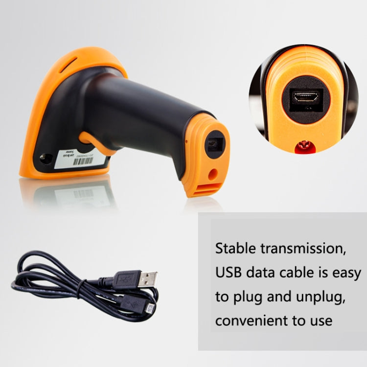 Wireless 2D barcode scanner with USB cable; black and orange handheld body shown.