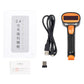 Wireless 2D barcode scanner kit: black-and-orange scanner with USB cable and paperwork.