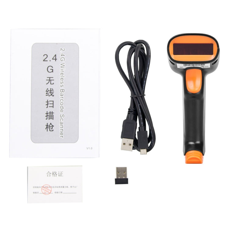 Wireless 2D barcode scanner kit: black-and-orange scanner with USB cable and paperwork.
