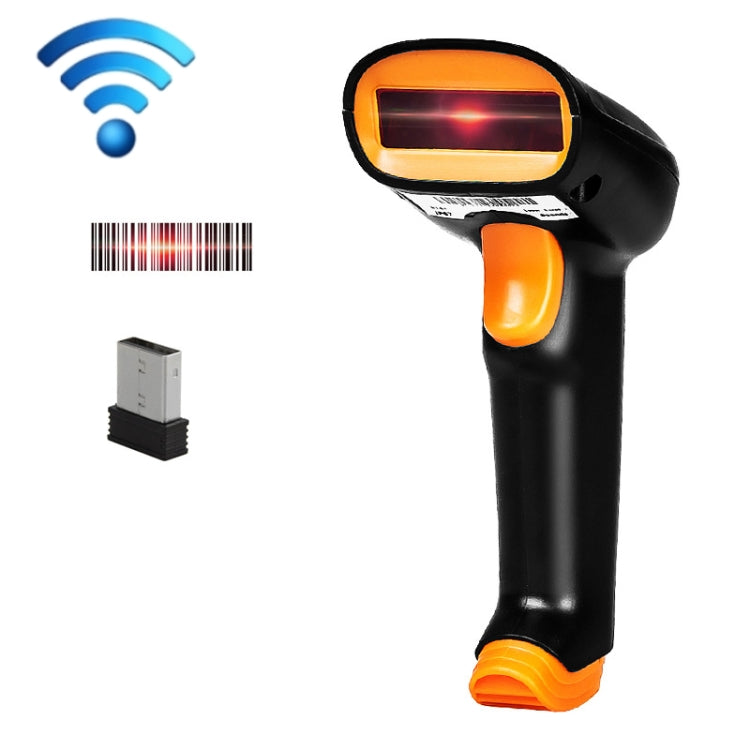 Wireless 2D barcode scanner, black with orange accents; red laser line and USB dongle shown.