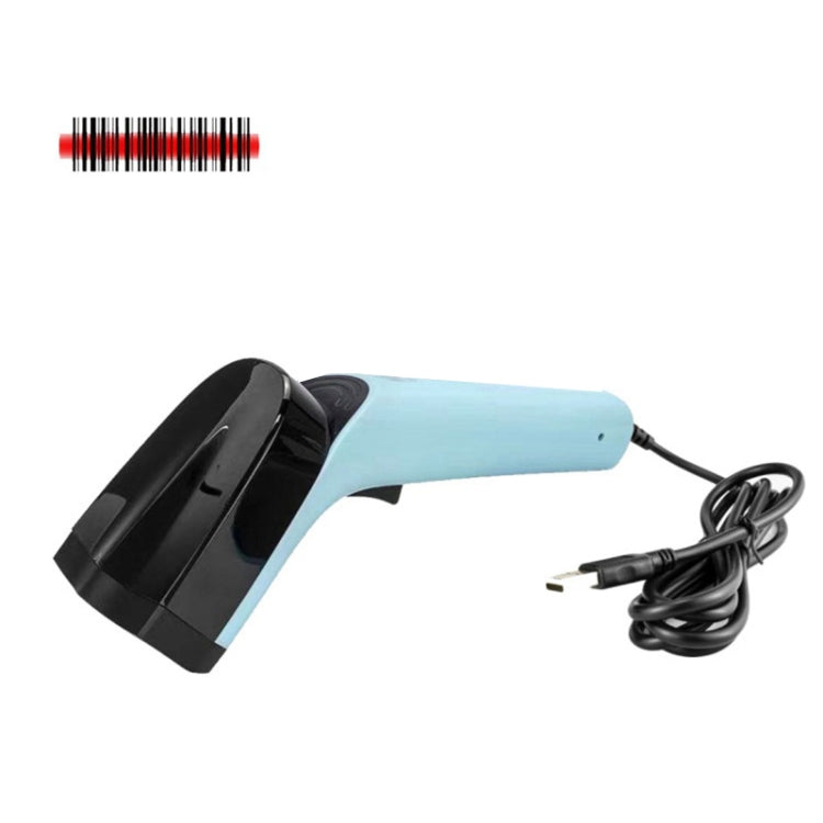 Handheld barcode scanner with storage base, light-blue and black body, wired cable