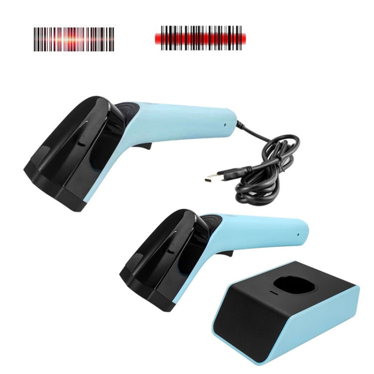 Handheld barcode scanner set with light-blue scanners and black charging base