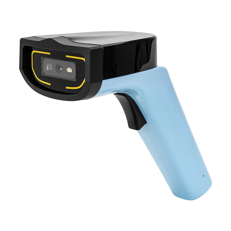 Handheld barcode scanner close-up, light-blue handle with black head and yellow scan window
