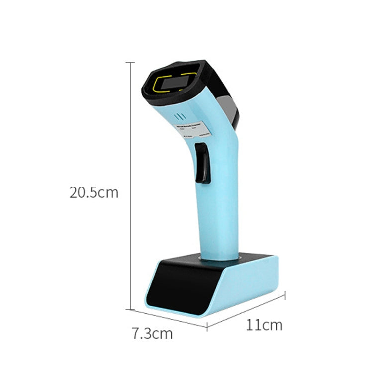 Handheld barcode scanner on charging base, light-blue body with black top and stand