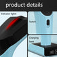 Handheld barcode scanner showing red indicator and switch on light-blue handle, charging base