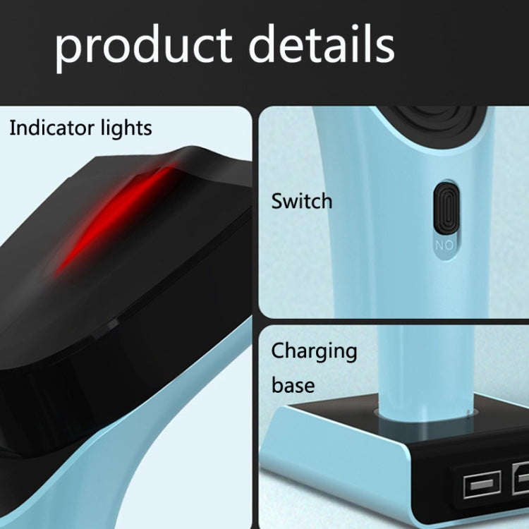 Handheld barcode scanner showing red indicator and switch on light-blue handle, charging base