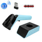 Handheld barcode scanner with storage base, light-blue and black; USB receiver shown