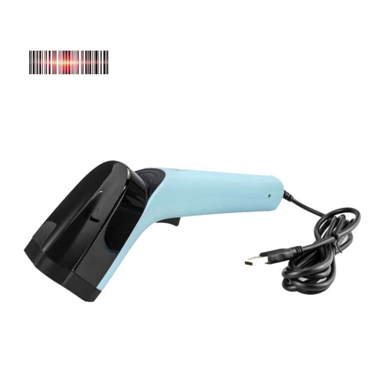 Handheld wired barcode scanner, light-blue and black handle with attached cable