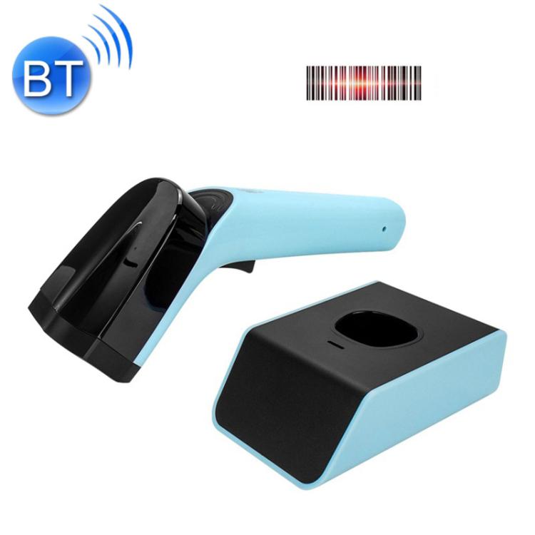 Handheld barcode scanner with storage base, light-blue and black; BT wireless icon