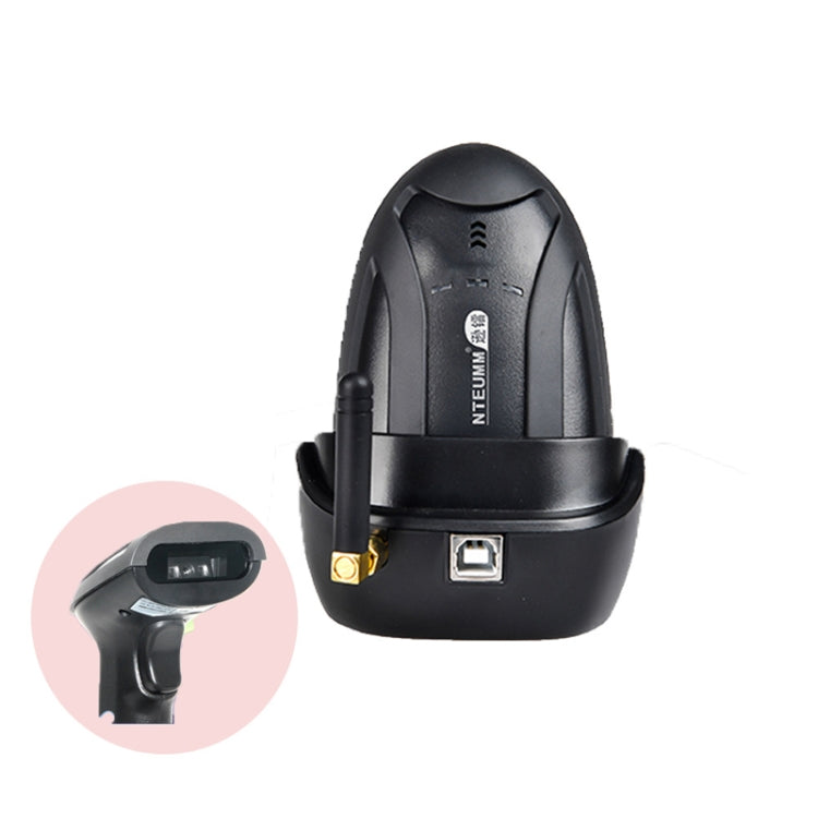 NETUM wireless barcode scanner with black handheld body and cradle dock