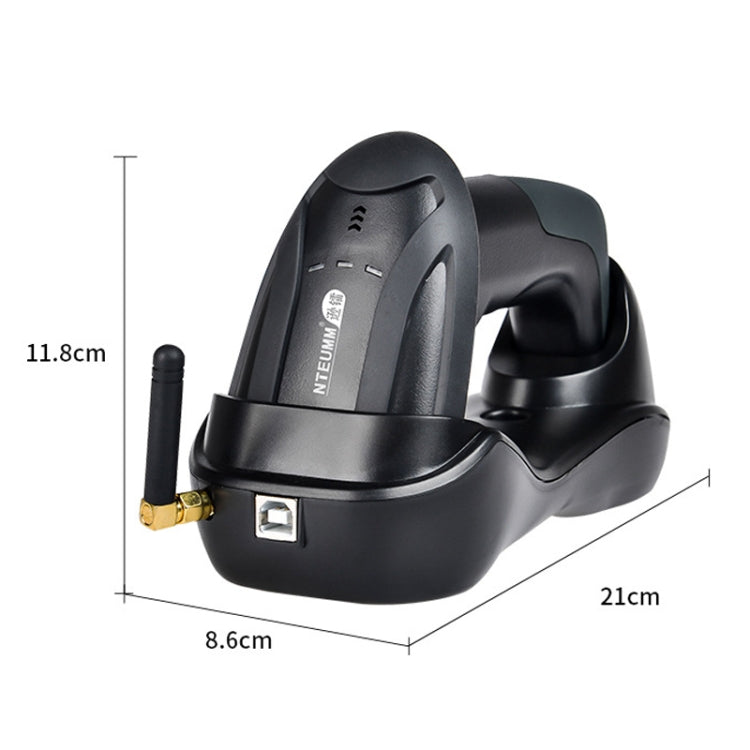 Black wireless barcode scanner with charging cradle and side antenna