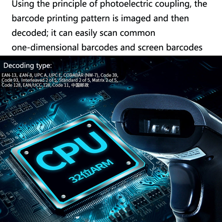 Wireless barcode scanner with red scanning beam and black handheld body