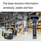 Wireless barcode scanner with black cradle base and red scan beam window