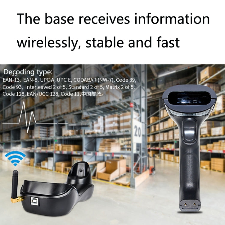 Wireless barcode scanner with black cradle base and red scan beam window