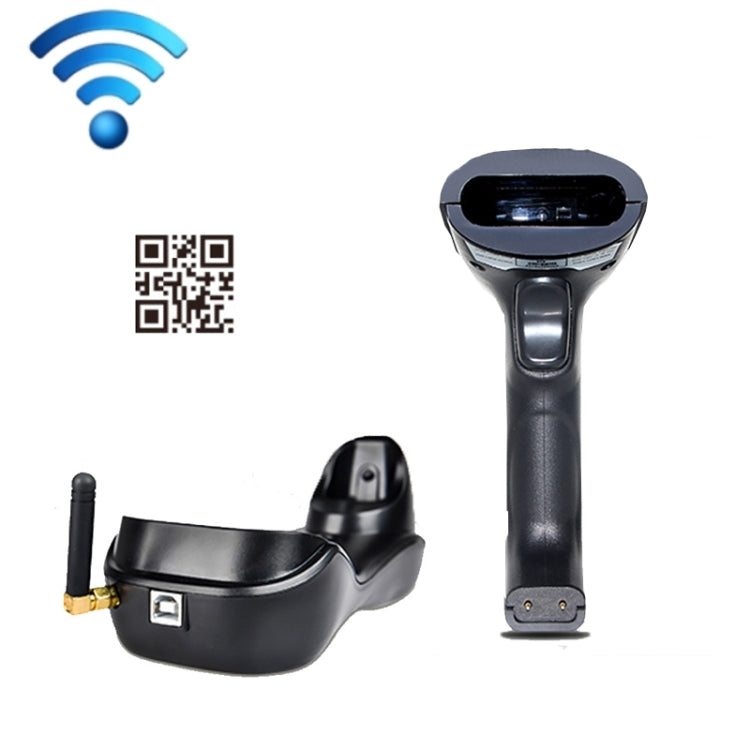 Wireless barcode scanner with black cradle base and red scan window