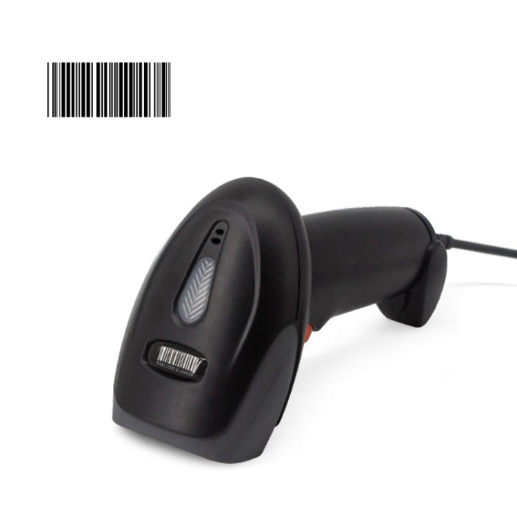 Black handheld laser barcode scanner with cradle and scanning window
