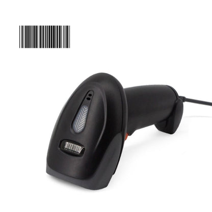 Black handheld laser barcode scanner with cradle and scanning window