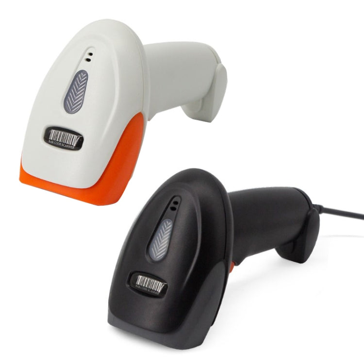 White and orange handheld laser barcode scanner with scanning window and cable