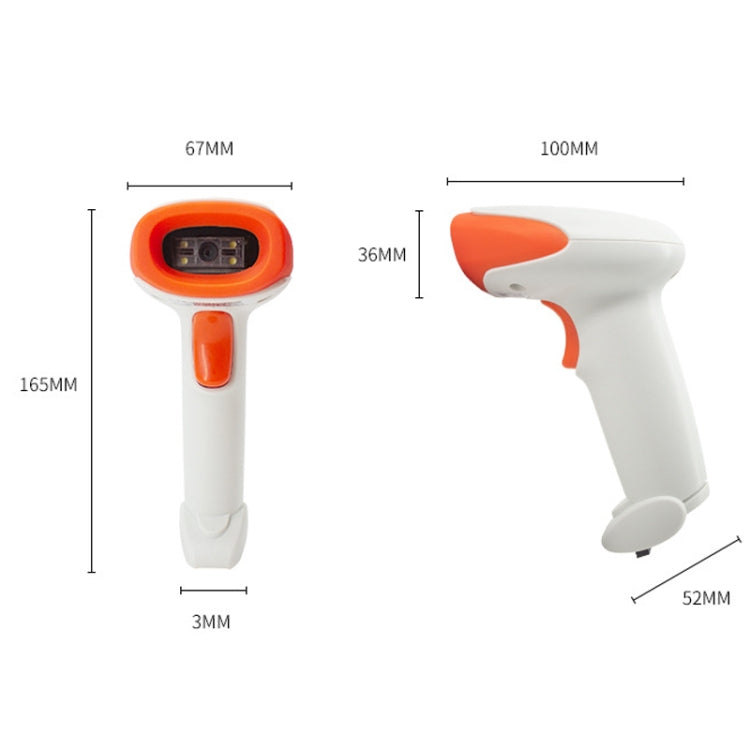 Handheld barcode scanner size diagram with orange top and white body
