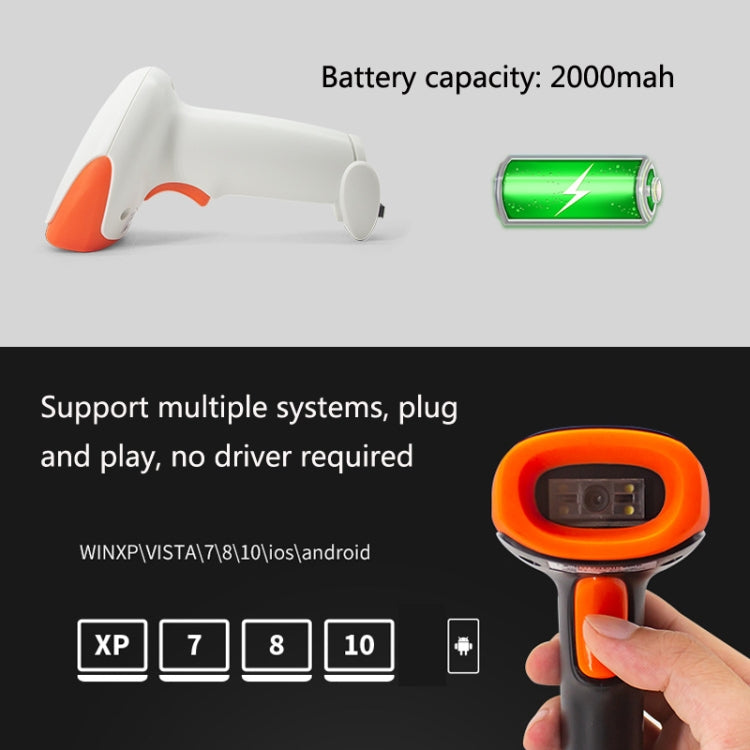 Orange-and-white handheld barcode scanner with battery capacity graphic and hand
