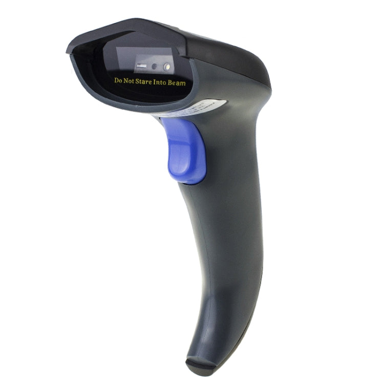 Handheld barcode and QR code scanner with blue trigger and black body
