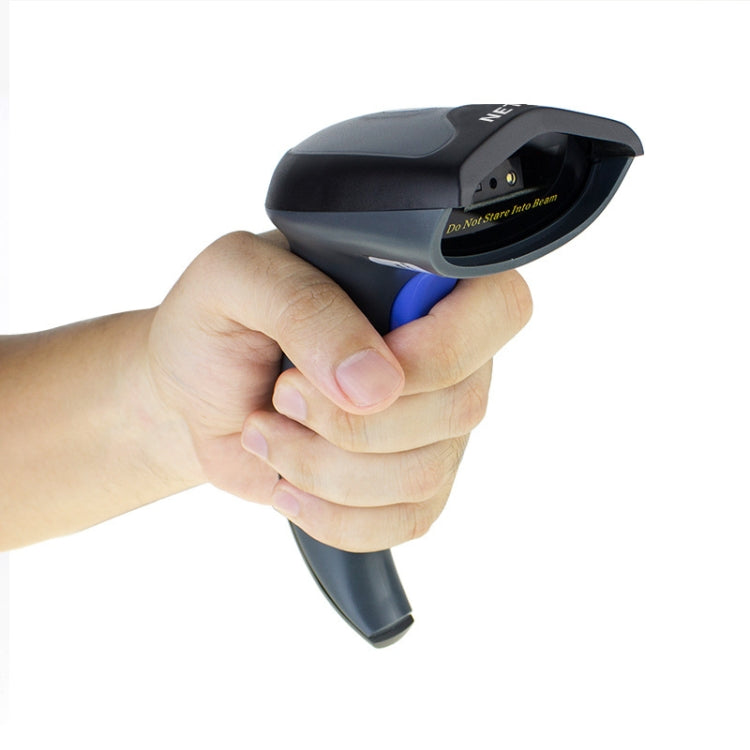 Black handheld barcode scanner with blue trigger held in a person’s hand