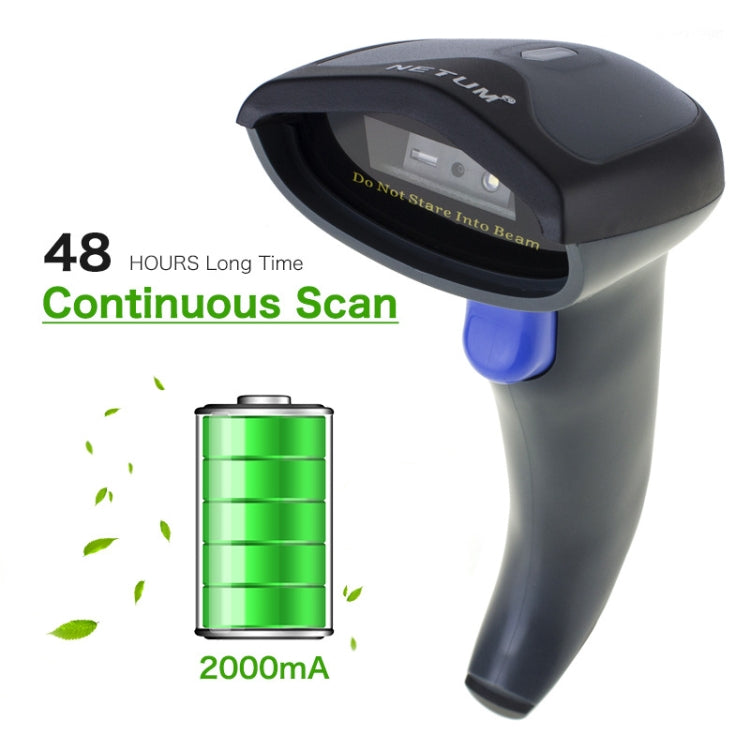 Handheld barcode scanner with blue trigger and battery icon for long continuous scanning