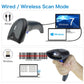 Barcode scanner showing wired and wireless modes with USB cable and scan setup