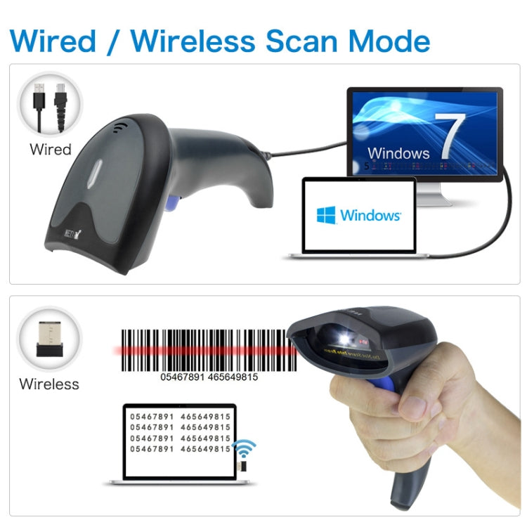 Barcode scanner showing wired and wireless modes with USB cable and scan setup
