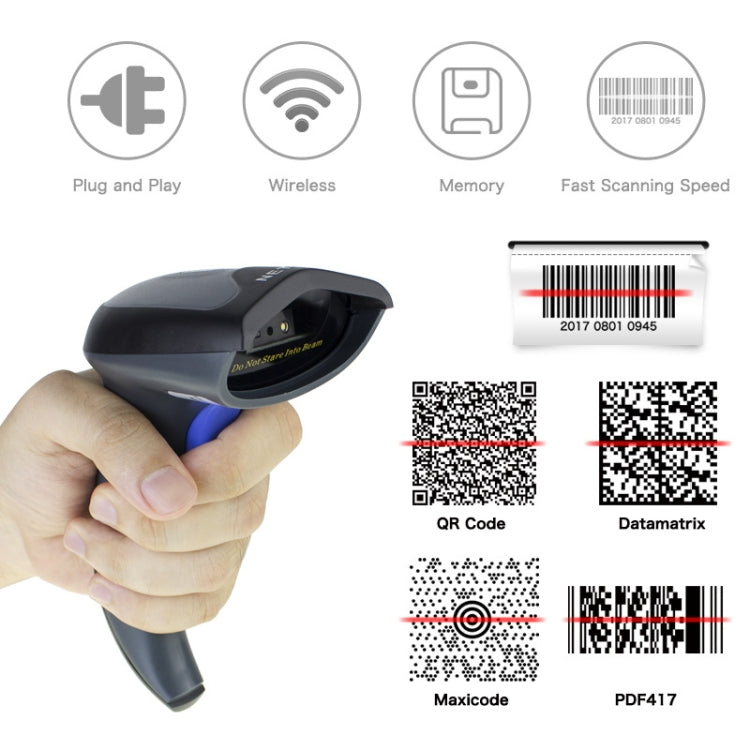Handheld scanner with blue trigger displaying QR, Data Matrix, and barcode scanning