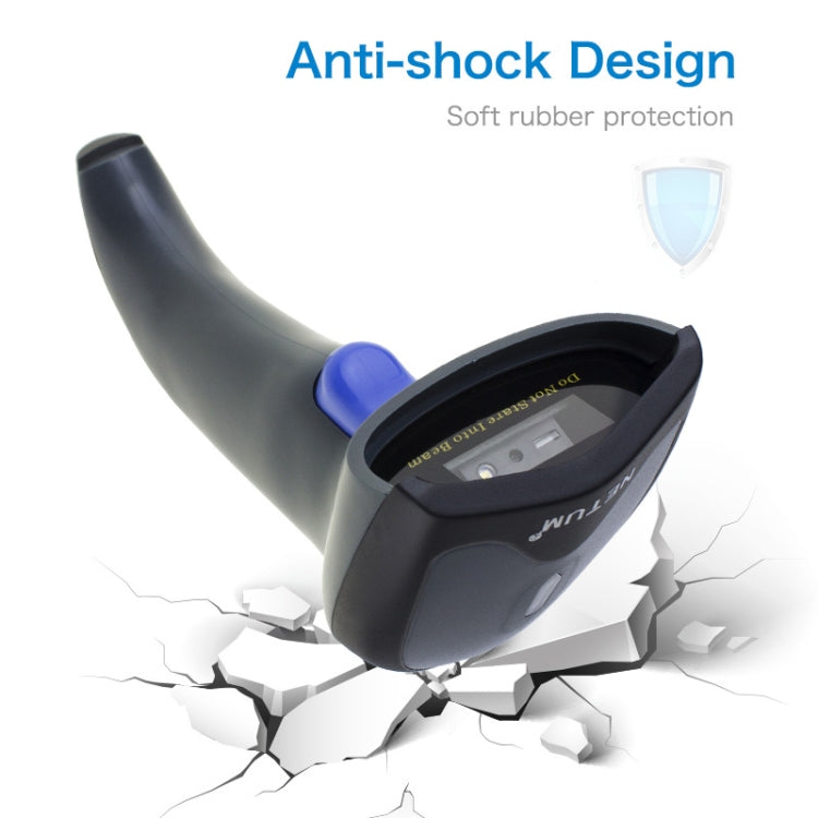 Black barcode scanner with blue trigger featuring anti-shock protection concept
