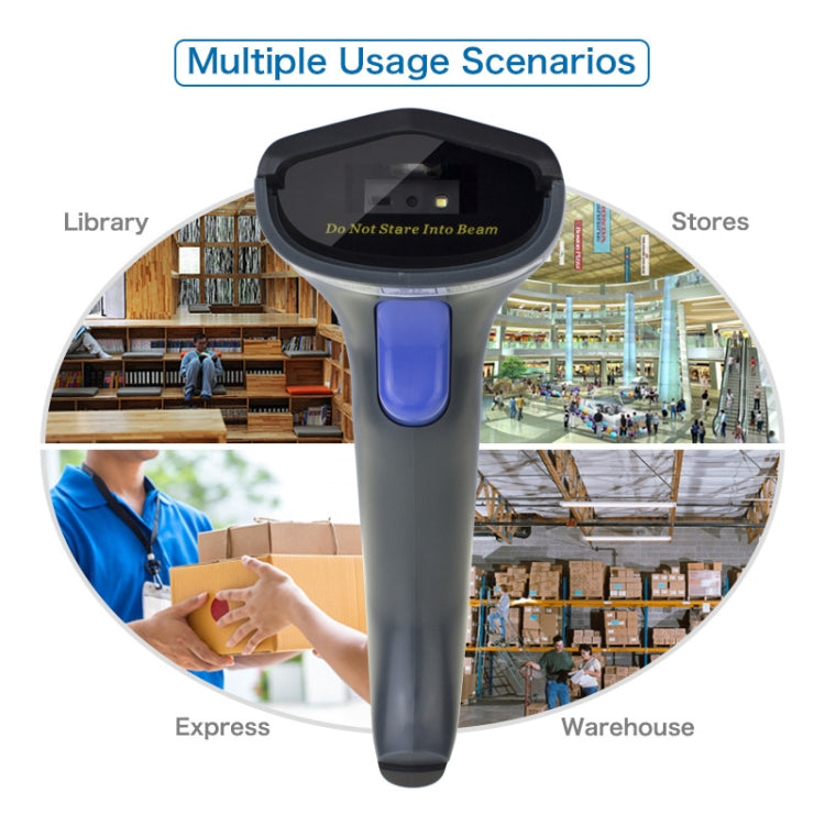 Handheld barcode scanner with blue trigger for use in library, stores, express, and warehouse