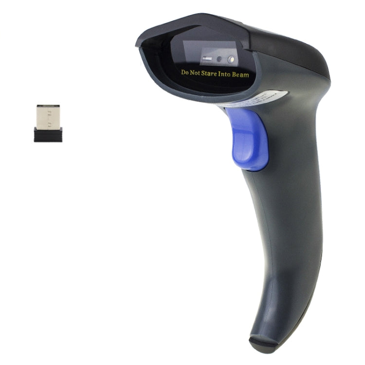 Black handheld barcode scanner with blue trigger and included USB receiver dongle