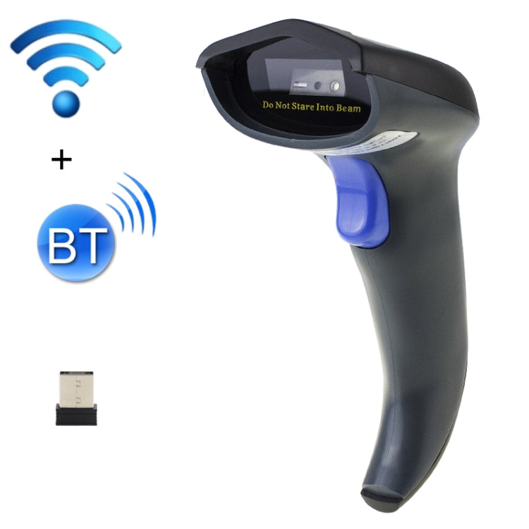Handheld barcode scanner with blue trigger, showing wireless Bluetooth connection