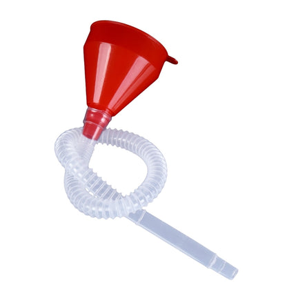 Red plastic oil funnel with flexible clear hose and spout for car, truck, and motorcycle filling
