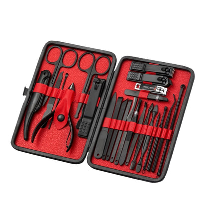 25-piece nail care tool set in black and red case with clippers and files