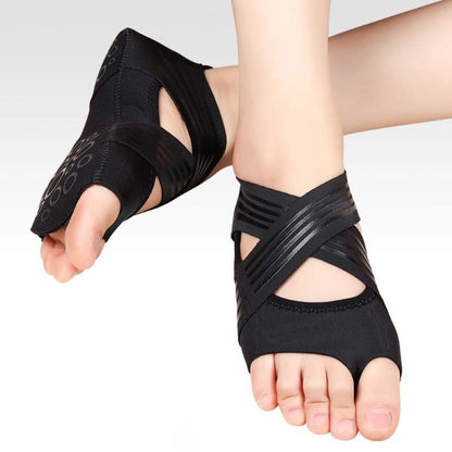 Black five-toe yoga dance shoes with non-slip strap detail