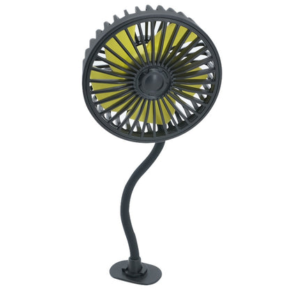 Compact car USB fan with round grille and flexible neck, black with yellow accents