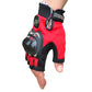 Red half-finger cycling glove with knuckle armor and hook-and-loop wrist strap