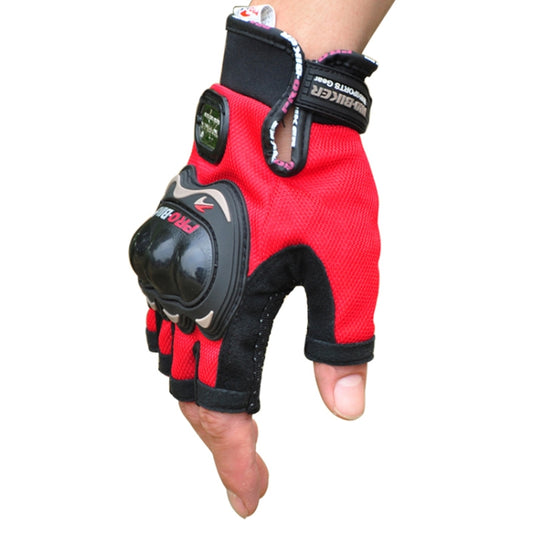Red half-finger cycling glove with knuckle armor and hook-and-loop wrist strap