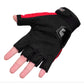 Black half-finger cycling glove with textured grip palm and padded wrist strap