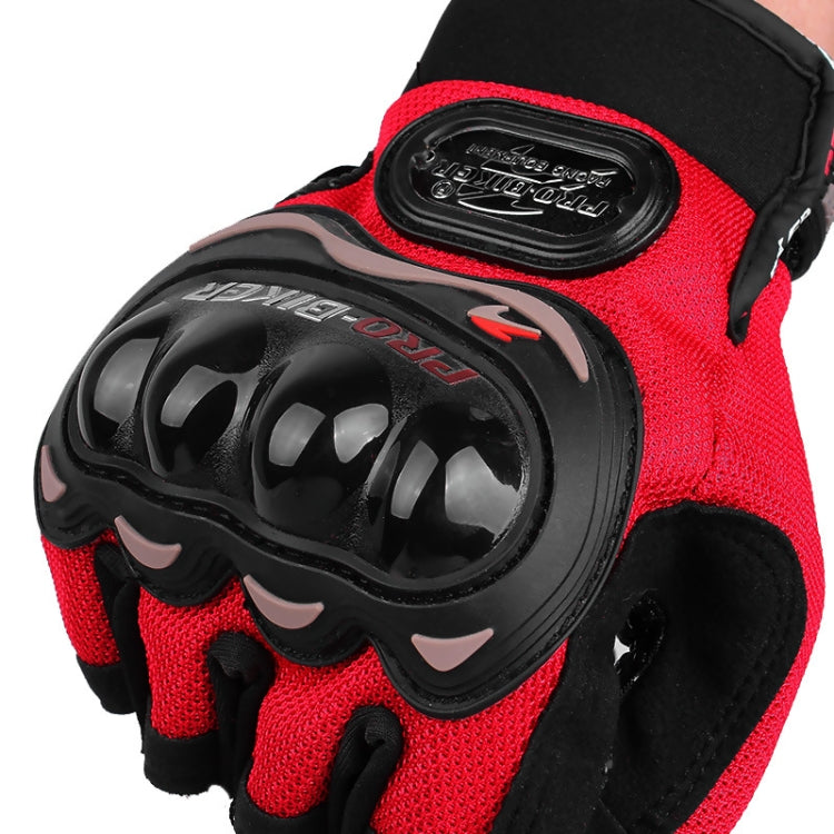 Red half-finger cycling glove with black knuckle armor and rounded protective shell