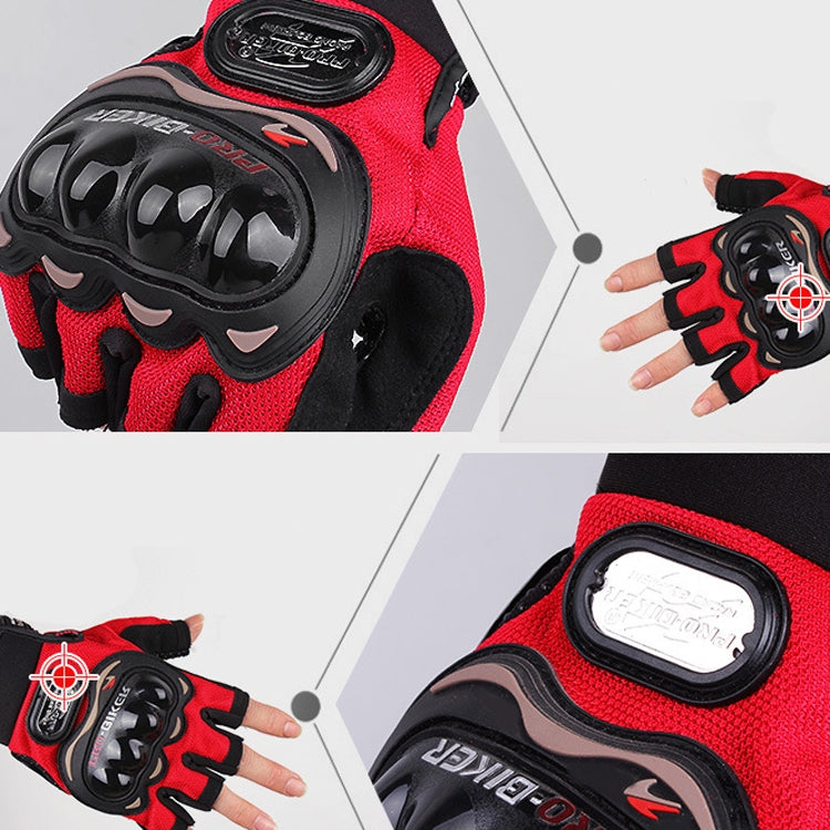 Red half-finger cycling glove close-up showing knuckle armor and ventilation palm