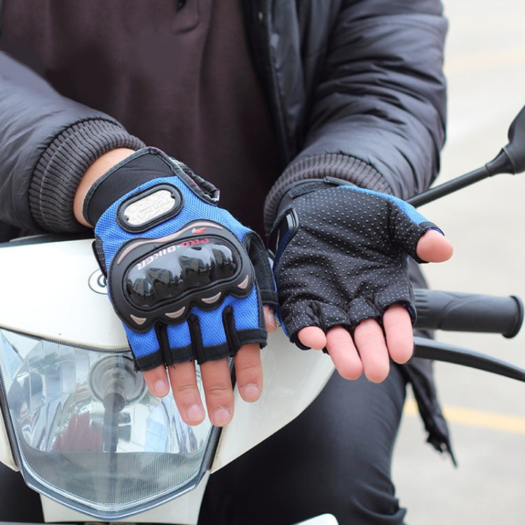 Blue half-finger cycling gloves worn on hands with black knuckle protection