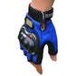 Blue half-finger protective cycling glove with knuckle pads and wrist strap